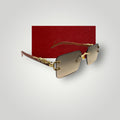 Luxury rimless sunglasses with brown gradient lenses and gold dragon motif on temples  