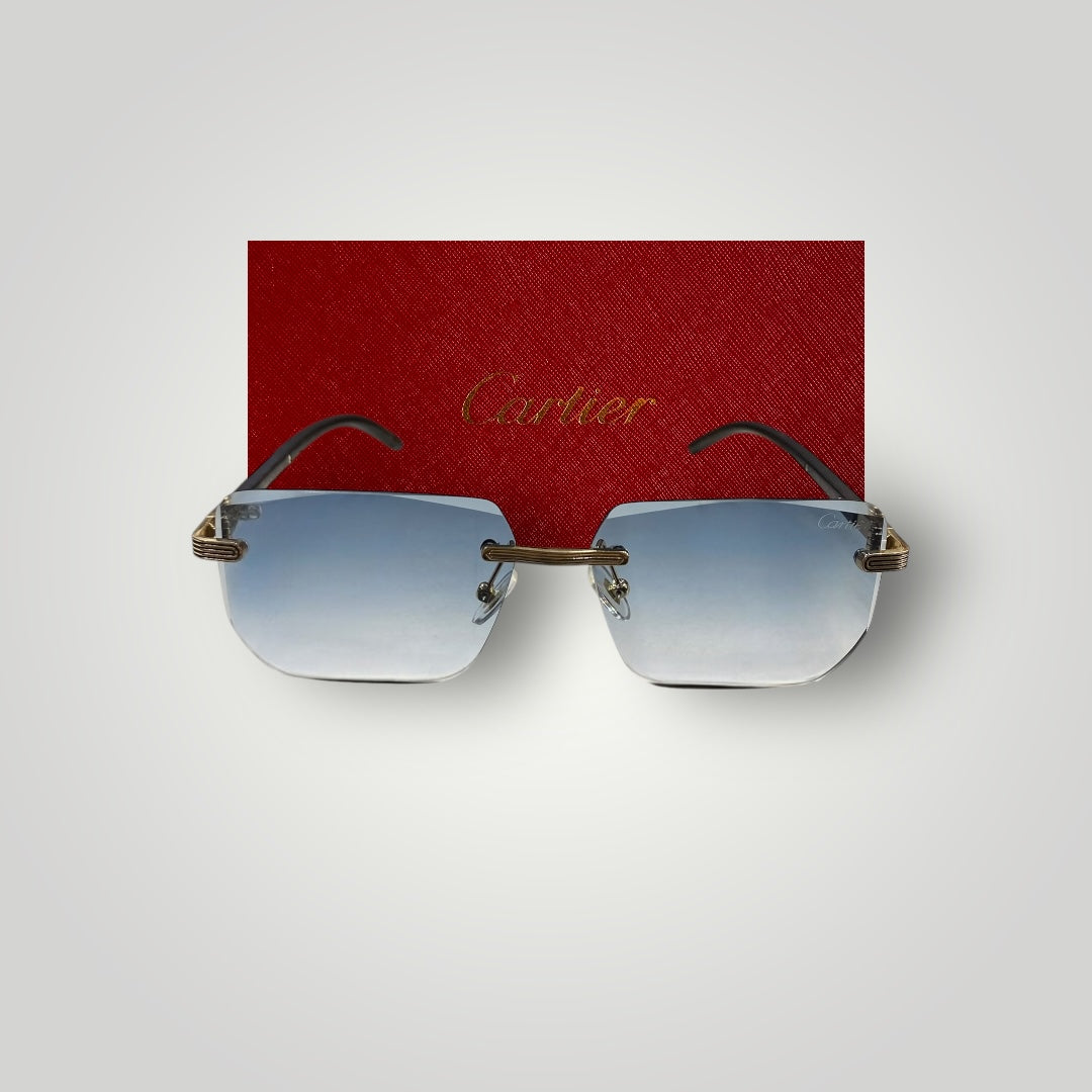 Luxury men's sunglasses featuring lightweight rimless design and sky blue UV-protected lenses  
