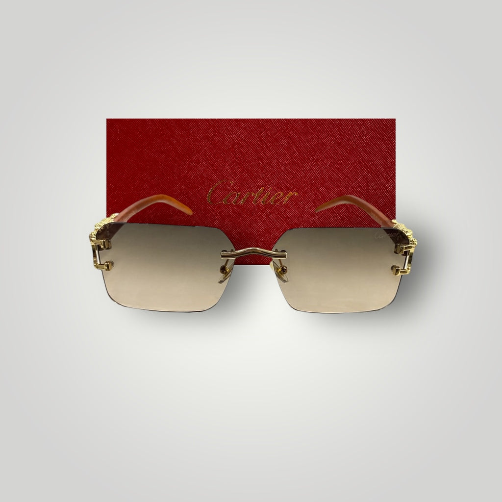 Close-up of Cartier designer sunglasses showcasing gold dragon detail and slim black temple arms  