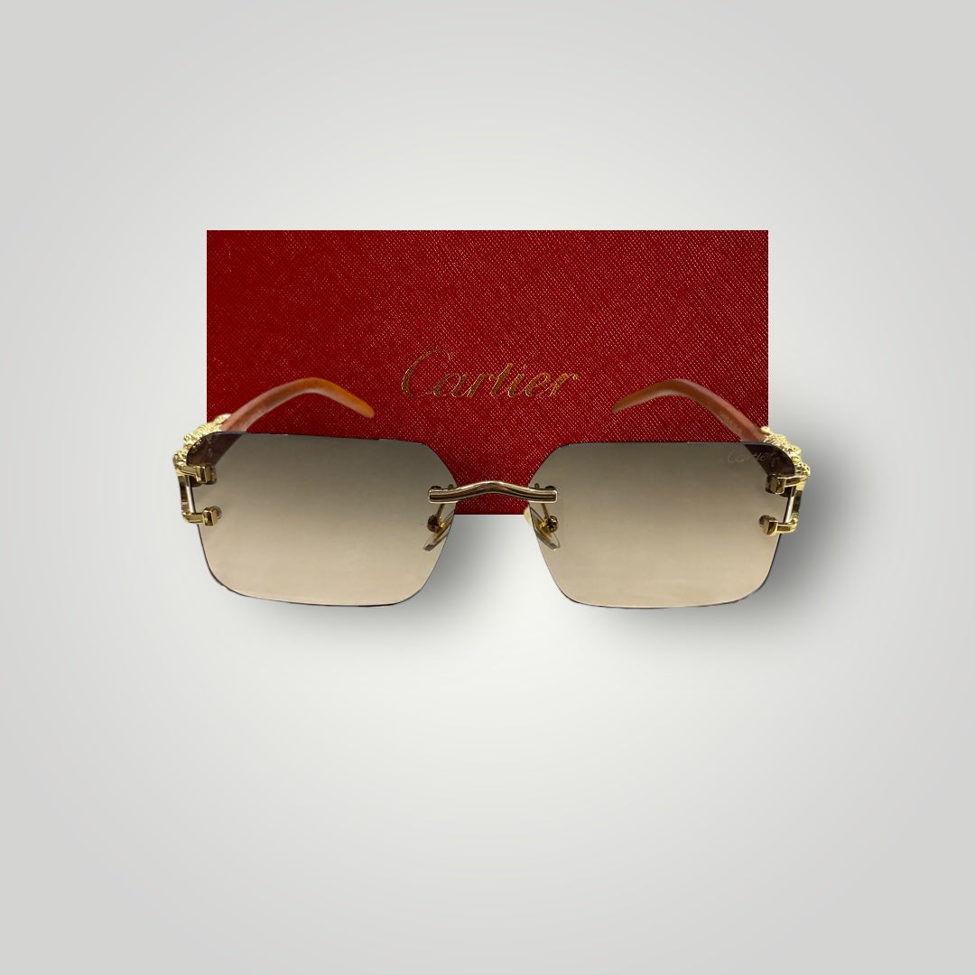 Close-up of Cartier designer sunglasses showcasing gold dragon detail and slim black temple arms  