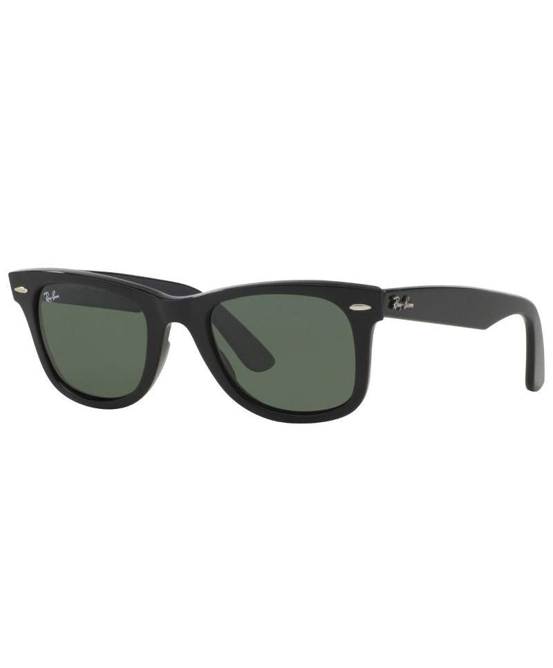 Angled side view of black Ray-Ban Wayfarer sunglasses with green lenses
