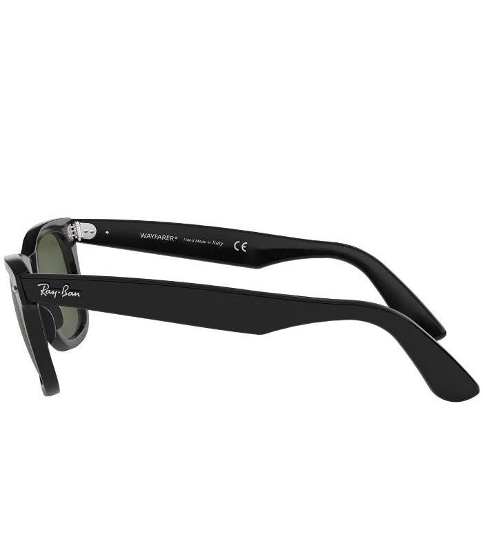 Side view of black Ray-Ban Wayfarer sunglasses highlighting the arms and hinge details