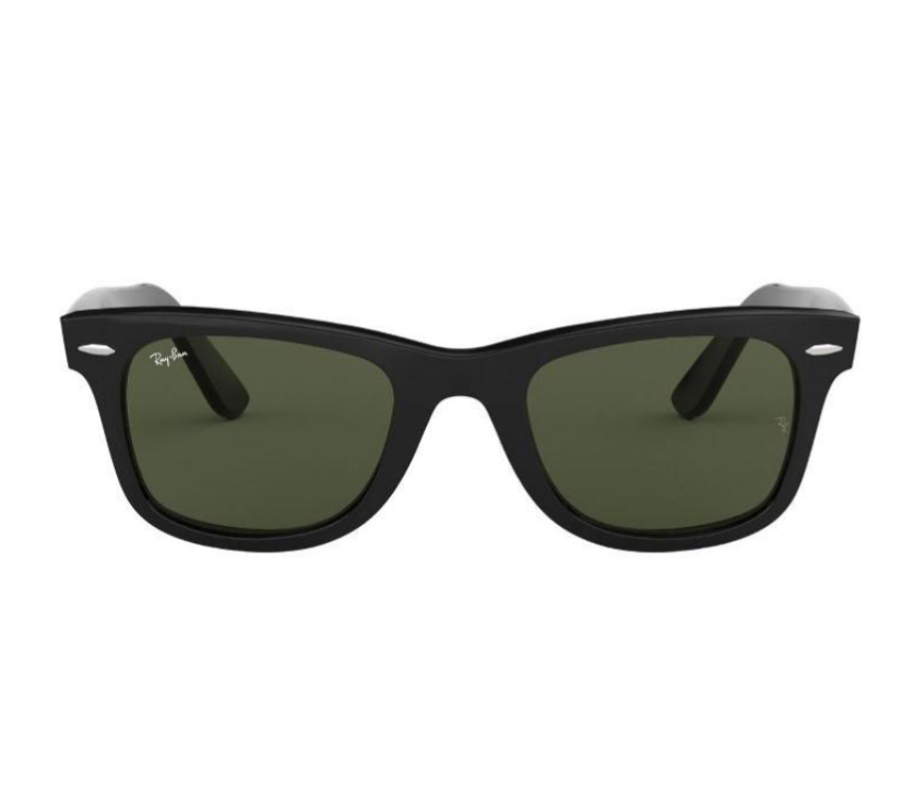 Front view of black Ray-Ban Wayfarer sunglasses showing rectangular green lenses