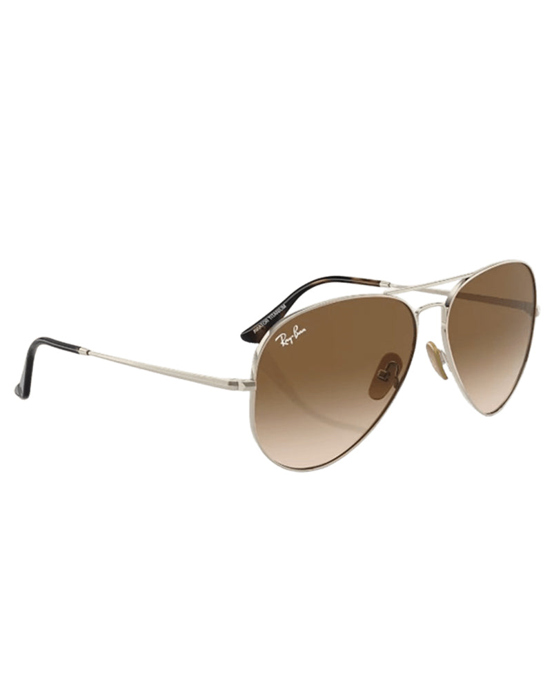 Side view of Ray-Ban classic aviator sunglasses with silver metal frame and brown gradient lenses