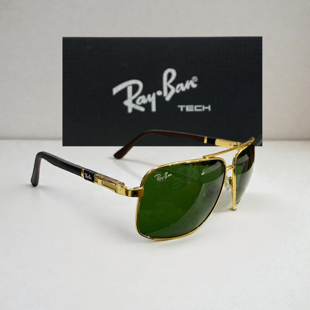 Side view of Ray-Ban Tech aviator sunglasses with gold metal frame and green lenses, with Ray-Ban Tech branded box in background