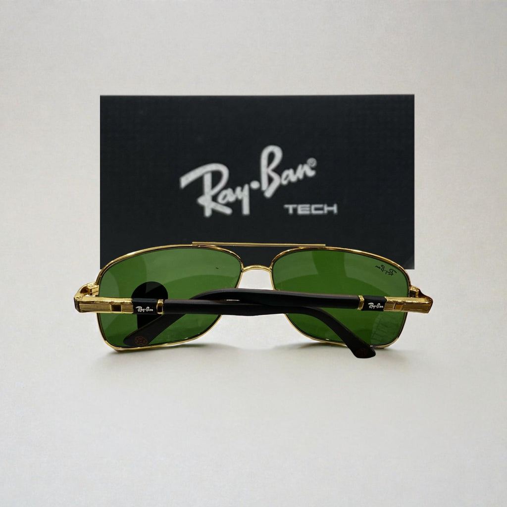 Back view of Ray-Ban Tech aviator sunglasses showing black temple tips and gold frame, with Ray-Ban Tech branded box in background